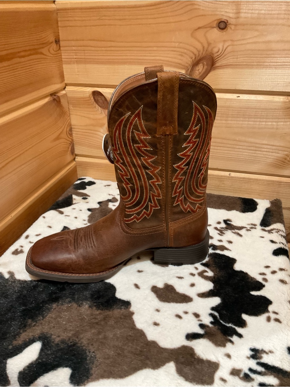 Ariat Brown Leather Cowboy Boots with Red & Tan Stitching